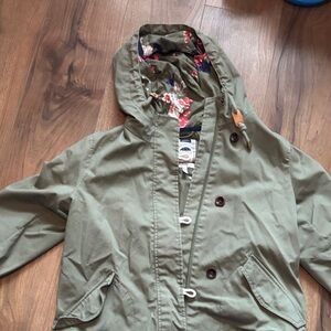 Joules Right as Rain Collection Olive Green Hooded Jacket with Floral Lining
